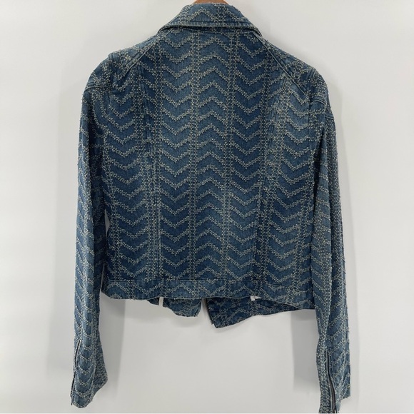 Free People Punched Denim Moto Herringbone Blue Jean Jacket Size 6 - Picture 15 of 16